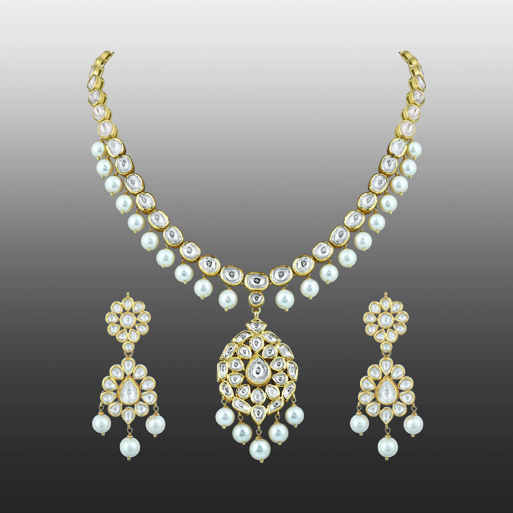 Linear Polki Necklace with Pendant and Pearl Drop